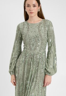 Women's Modest Embellished Sequin Beaded Dress Maxi With Flowey A Line Bottom