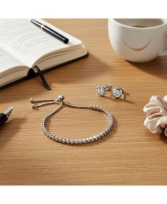 Adjustable Round Bezel Cubic Zirconia Tennis Bolo Bracelet & 7mm Solitaire CZ Stud Earrings Jewelry Set