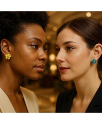 Set of 2 Garden Flower Jade Yellow Stud & Aqua Clip-On Earrings Green CZ Center Gold Plated Silver