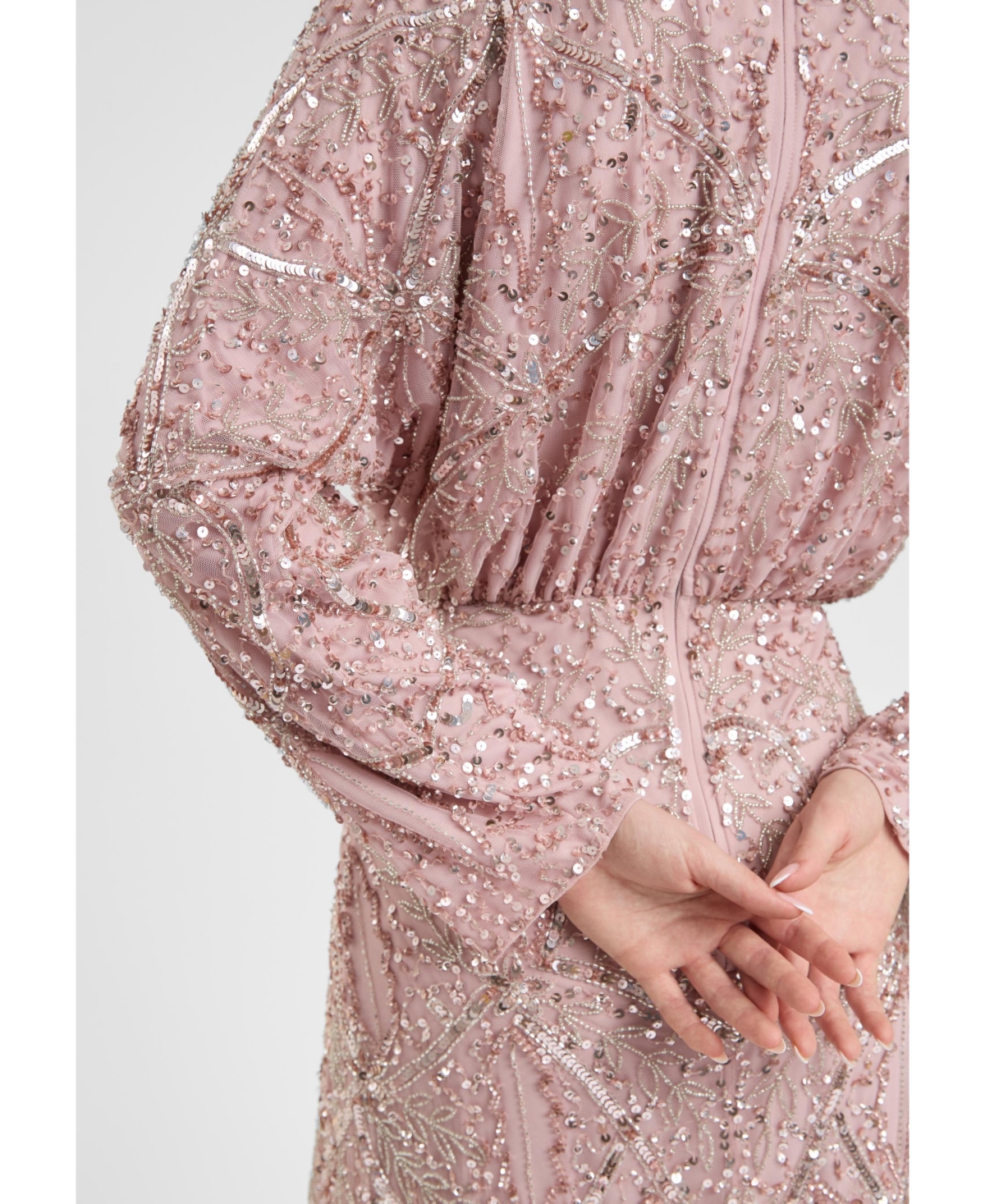 Maryisa Women's Modest Embellished Sequin Beaded Dress Maxi With long Flowey Sleeves