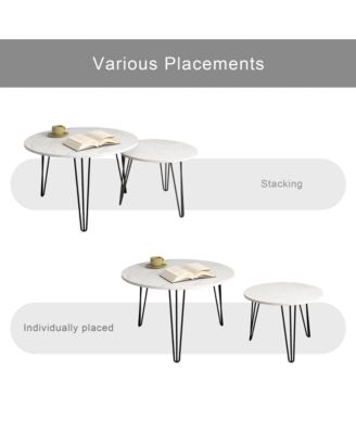 27.56 Inch Round Nesting Coffee Table Set of 2 with Marble Tabletop and Metal Base