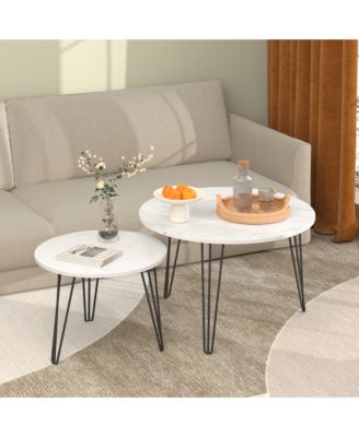 27.56 Inch Round Nesting Coffee Table Set of 2 with Marble Tabletop and Metal Base