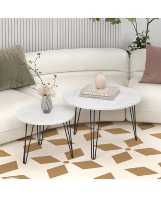 27.56 Inch Round Nesting Coffee Table Set of 2 with Marble Tabletop and Metal Base