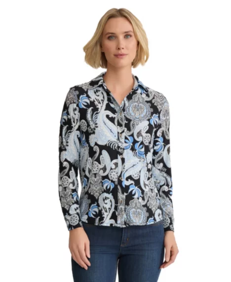 Petite Long-Sleeve Button Front Printed Top - Jones Black Multi