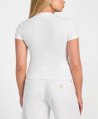 Women's Rhinestone-Logo Mock-Neck Short-Sleeve Top