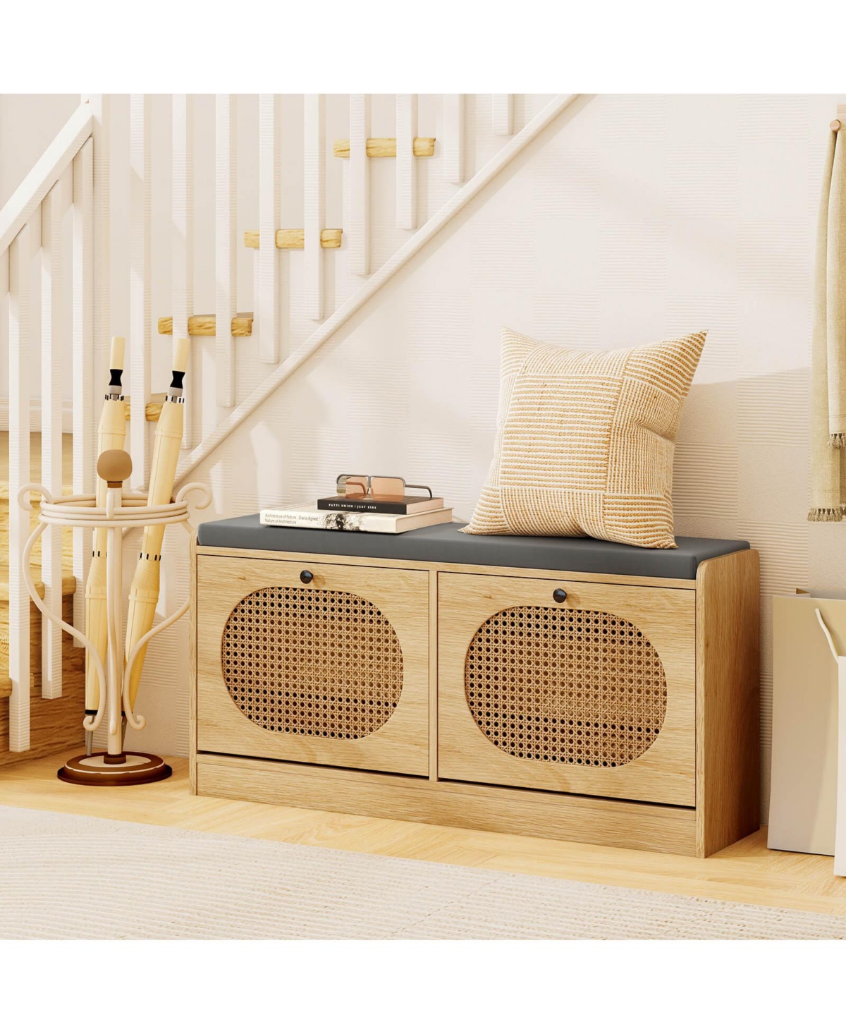 Costway Shoe Storage Bench with Cushion 2 Flip-over Doors & Adjustable Shelves