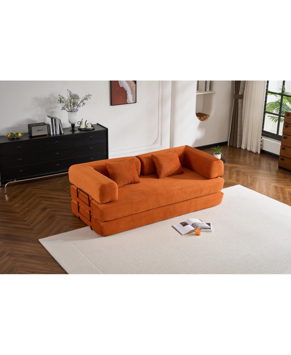 Streamdale Furniture Streamdale Orange Corduroy Convertible Sleeper Sofa Bed with Pillow