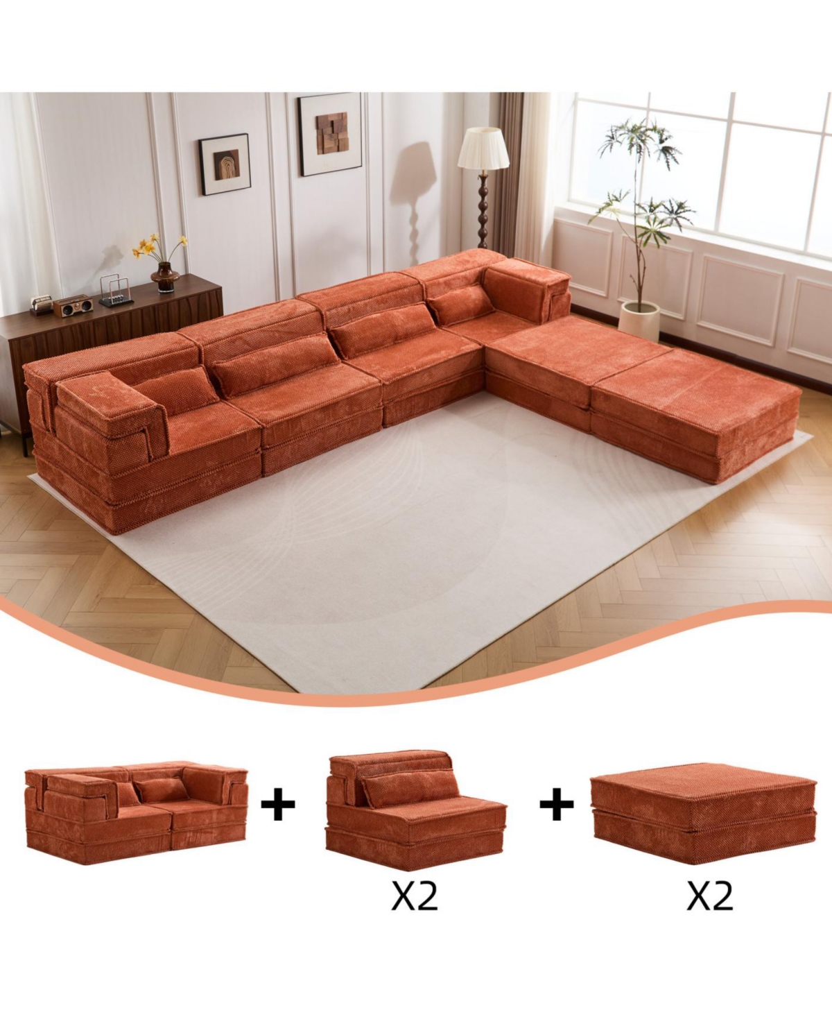 Streamdale Compression Sofa, Convertible Floor Sofa Bed, Modular Sectional, 4 Seater, Orange