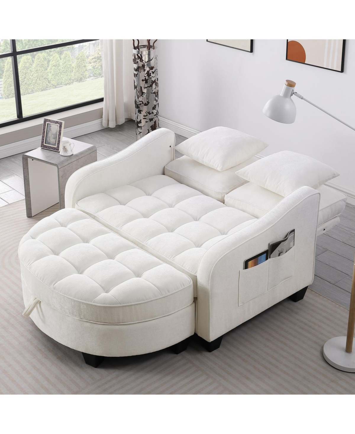 Streamdale Furniture Beige two-seater sofa with chaise, storage footrest, and throw pillows
