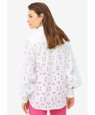 Plus Size Eyelet Button Front Shirt With Blouson Sleeves