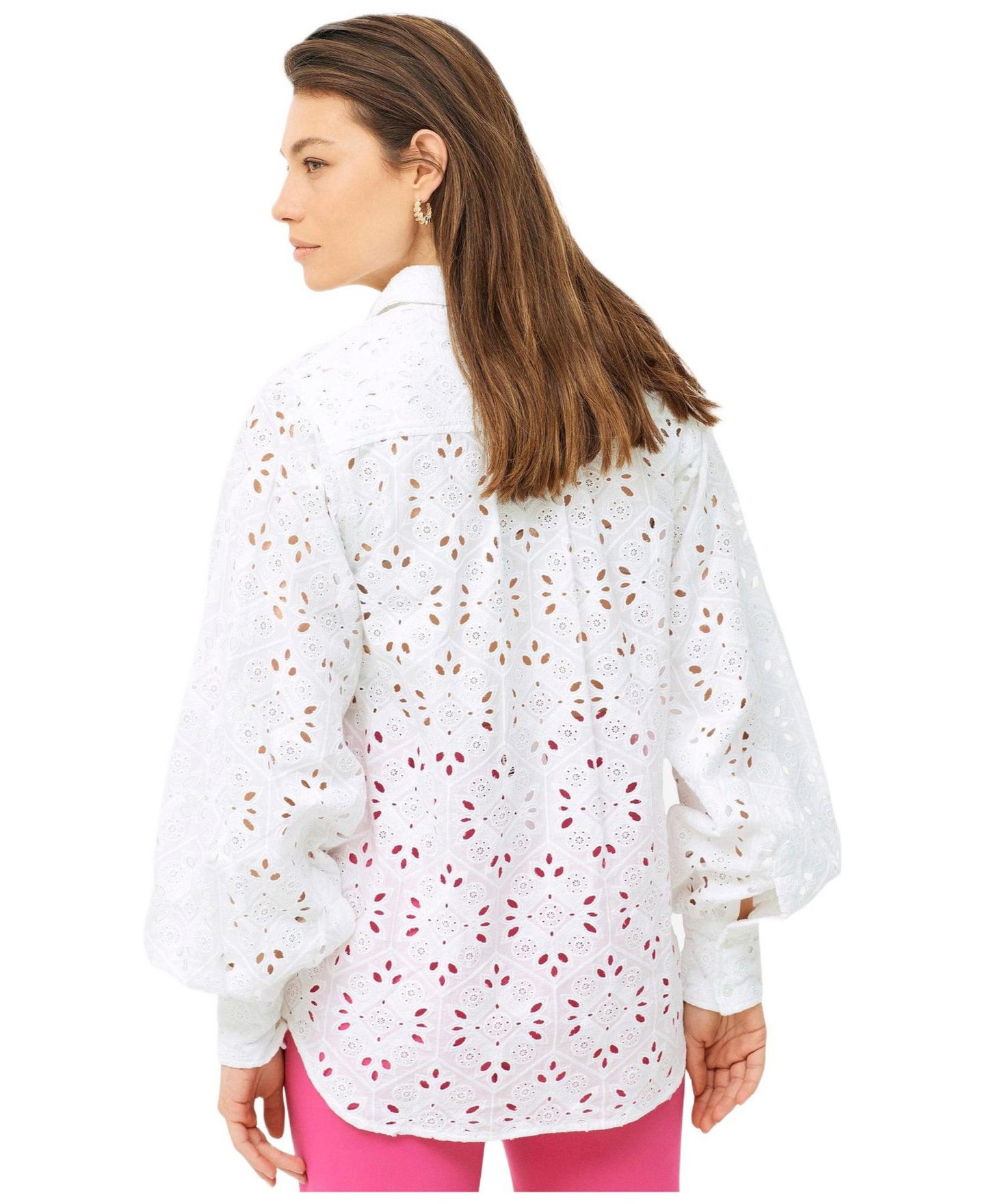 Женская рубашка ellos Plus Size Eyelet Button Front With Blouson Sleeves, цвет: Белый — фото 2