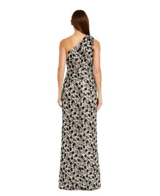 Women's One Shoulder Sequin Gown with Floral Velvet Detail