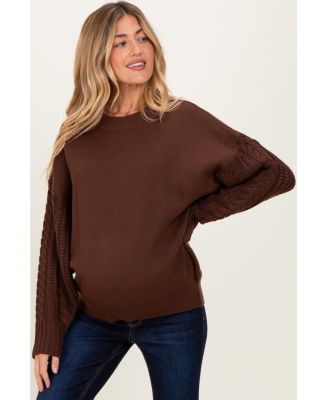 Maternity Brown Cable Knit Sleeve Round Neck Sweater