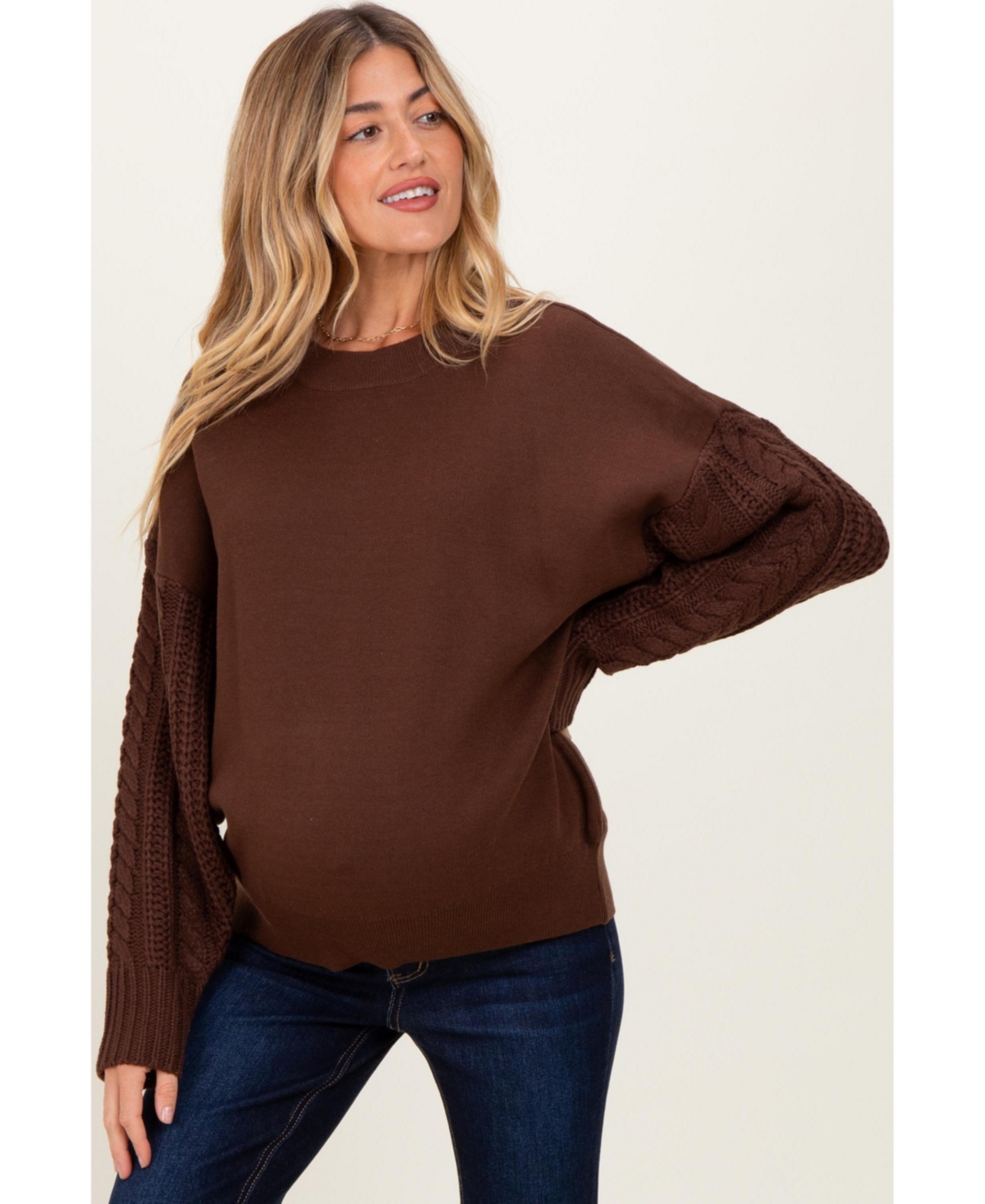 Pinkblush Maternity Brown Cable Knit Sleeve Round Neck Sweater