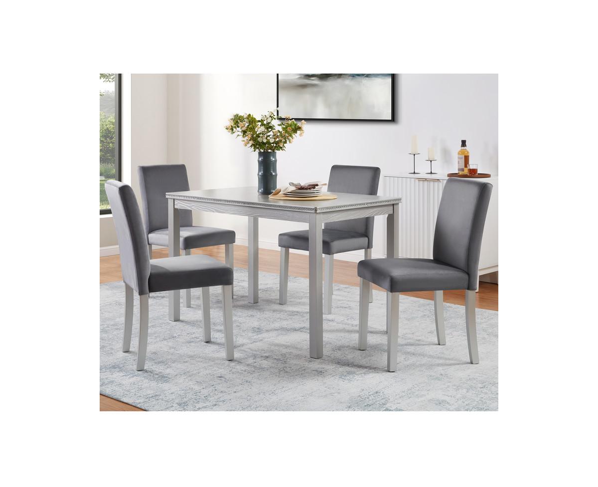 Casainc 5-Piece Silver Grey Crystal Accent Wood Dining Set with Rectangular Table and 4 Upholstered Chairs