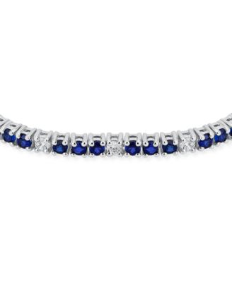 Alternating Created Synthetic Blue Sapphire White Zircon Bolo Tennis Bracelet Adjustable 7-8 Inch Sterling Silver