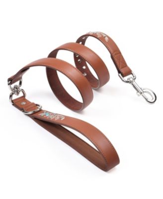 Western Style Full Grain Genuine Leather Dog Leash with Embroidery and Pearl or Turquoise Studs