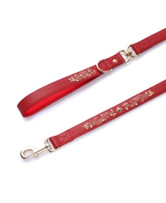 Western Style Full Grain Genuine Leather Dog Leash with Embroidery and Pearl or Turquoise Studs