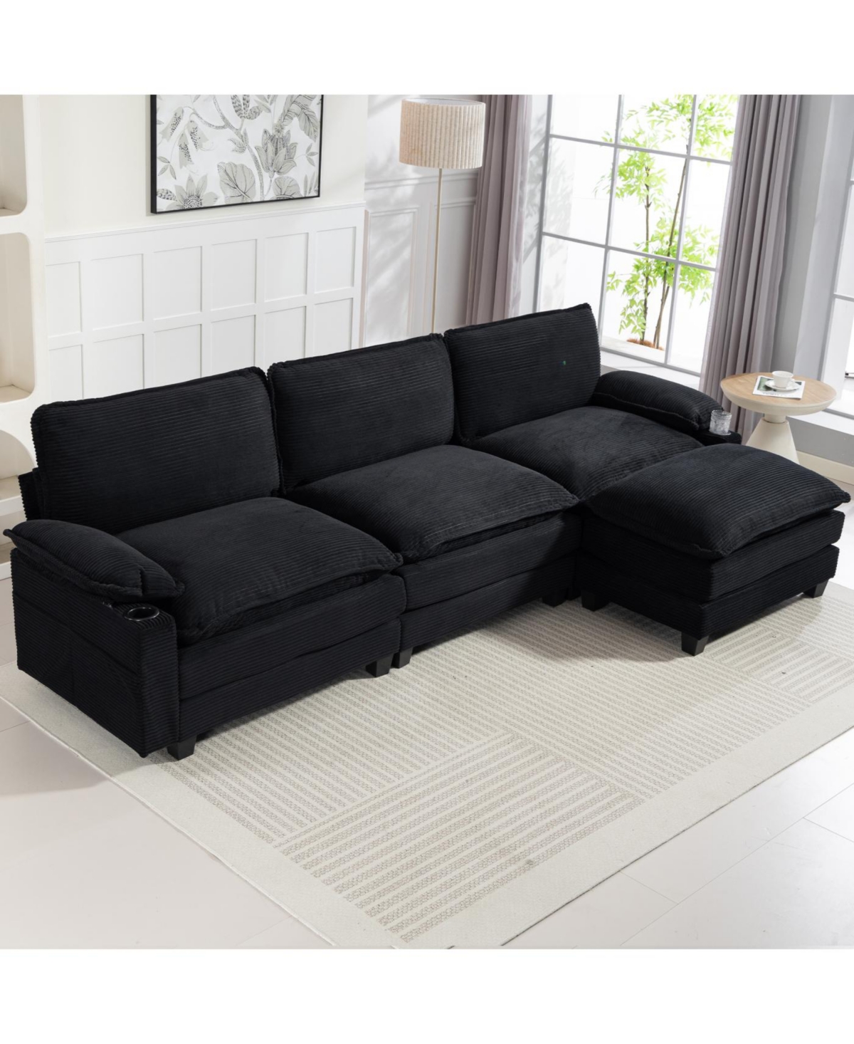 Streamdale Modern 3+1 L-Shaped Corduroy Sofa with Ottoman, Cloud Couch for Living Room.