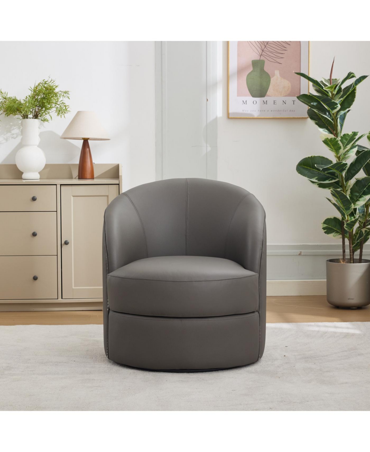 Streamdale Gray Leather Swivel Chair, Mid-Century Modern Lounge Chair