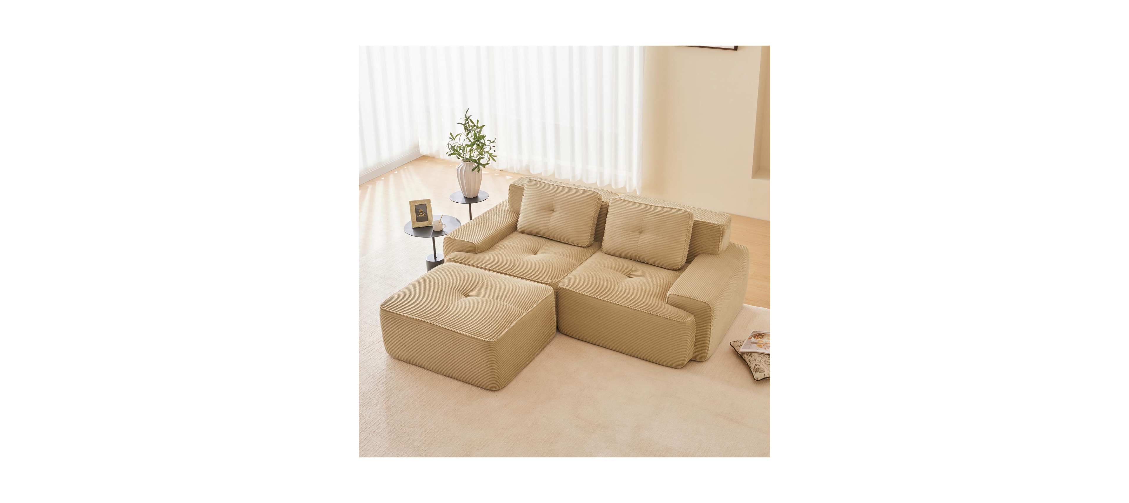 Streamdale Camel 82'' Modern L-Shaped Corduroy Sectional Sofa with Ottoman
