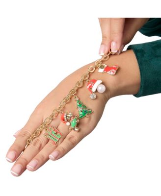 Holiday Charm Bracelet, Gold Tone Enamel Christmas Motifs