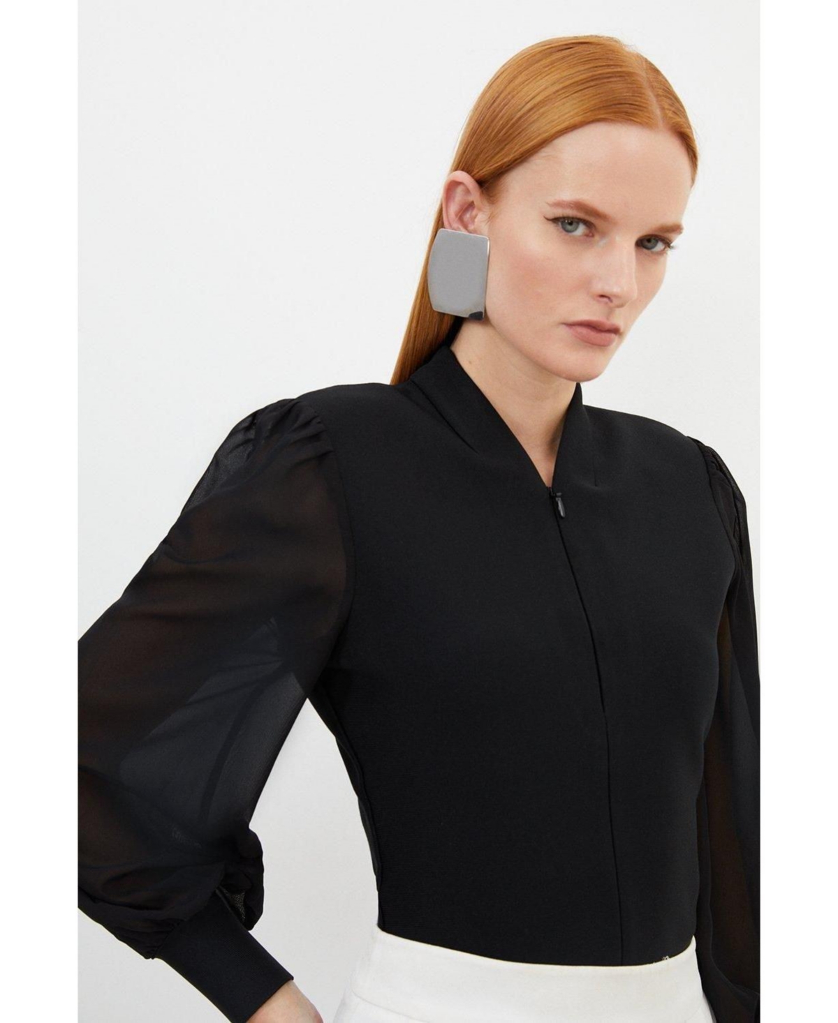 Karen Millen Women's Zip Detail Chiffon Sleeve Knit Top