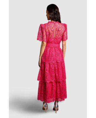 Women's Short Sleeve Tiered Lace Midi Dress