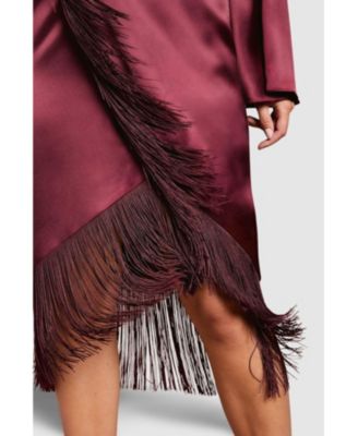 Women's Satin Fringe Hem Wrap Waist Midi Dress