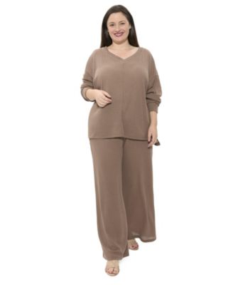 Plus Size V-Neck Long-Sleeve Soft Waffle Knit Top and Pant Set