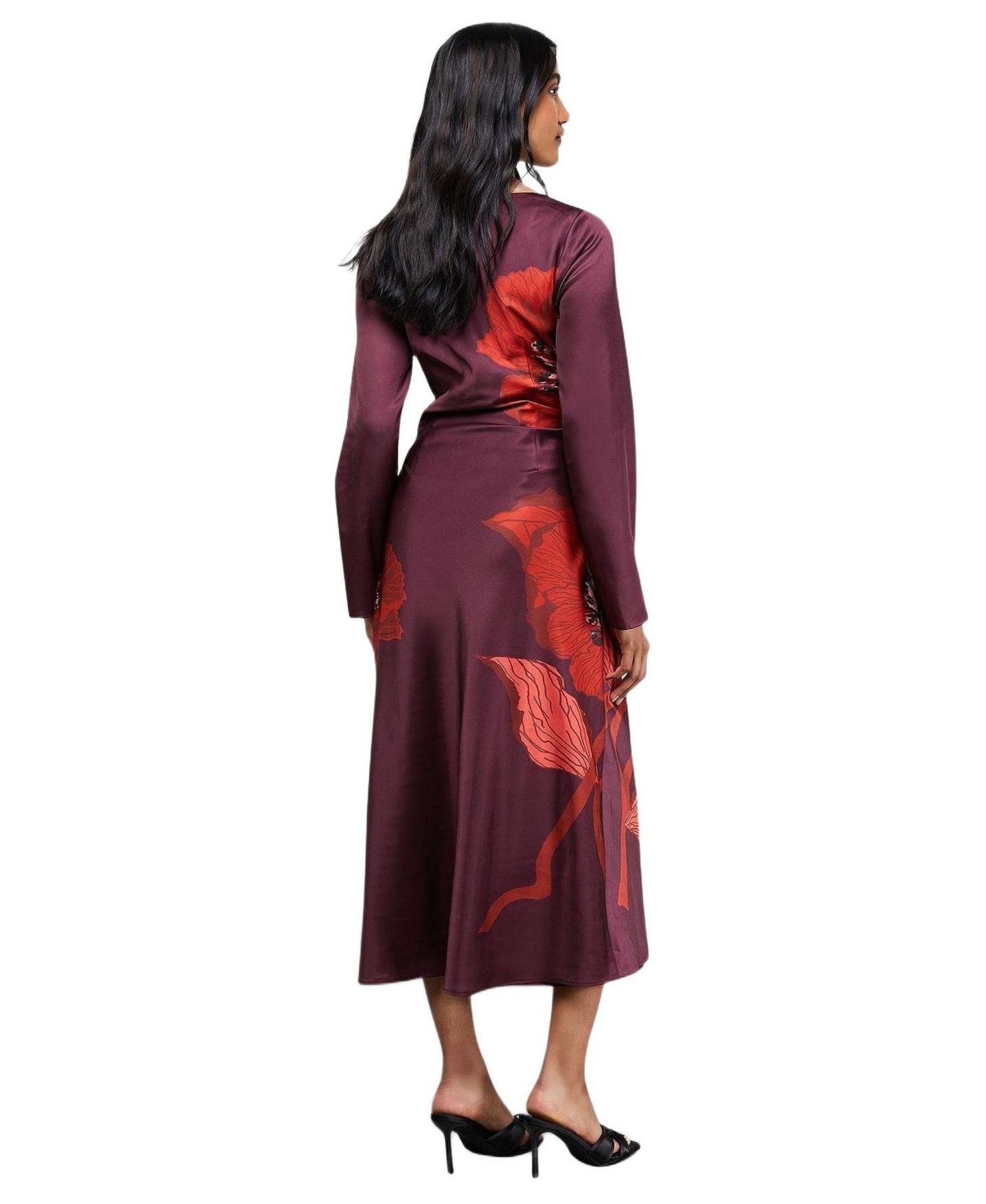 Женское платье Warehouse Floral Placement Print Satin Midi, цвет: Тёмный красный — фото 6