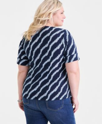 Plus Size  Printed Boat-Neck Elbow Sleeve Cotton Top,  Macy's Exclusive