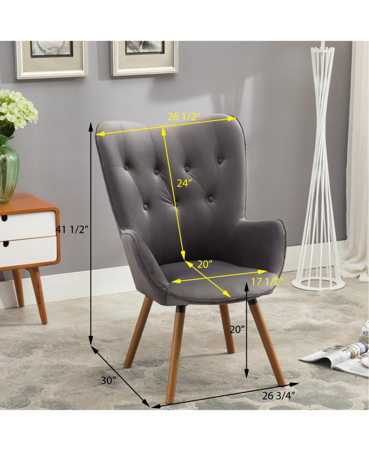 Streamdale Furniture Streamdale Contemporary Silky Velvet Tufted Button Back Accent Chair, Gray