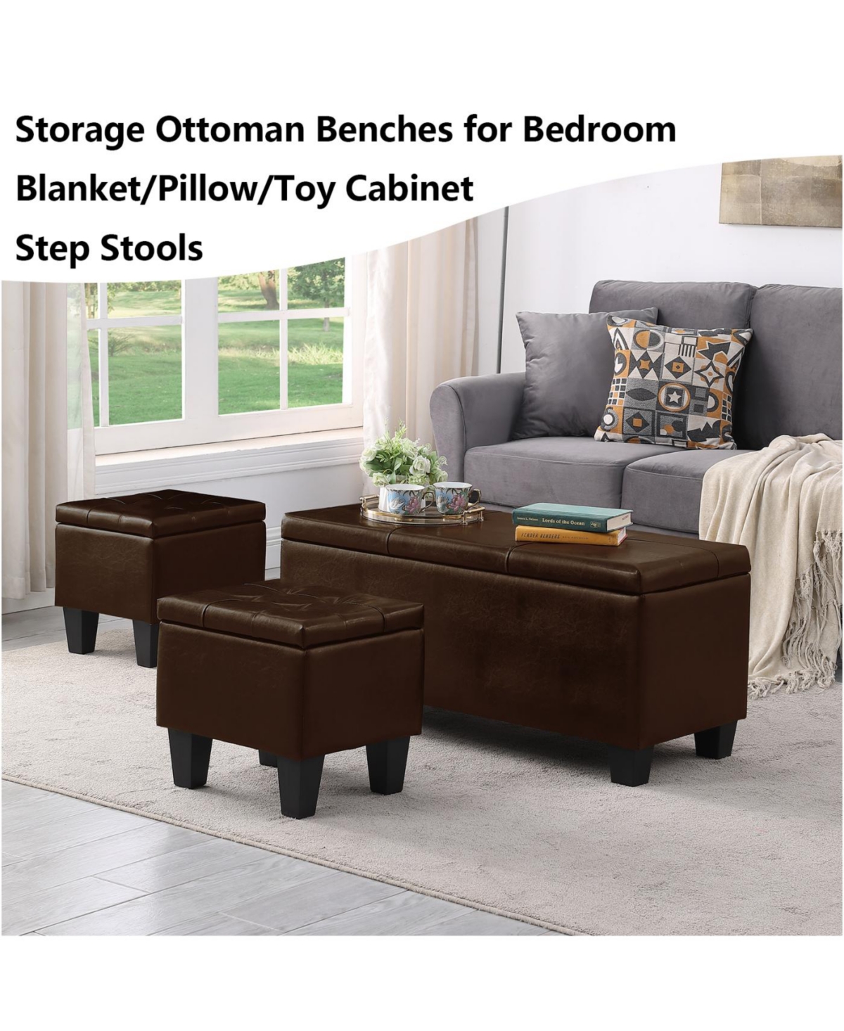 Streamdale Large Storage Ottoman Bench Set, 3-in-1 Combination, Tufted Linen