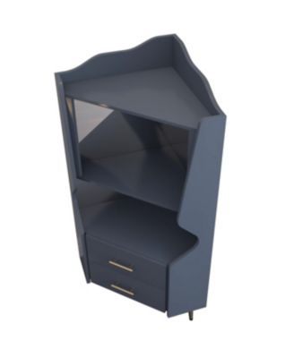 Streamdale Wooden Corner Bar Cabinet with Shelves and Drawers, Mirrored Back, Blue