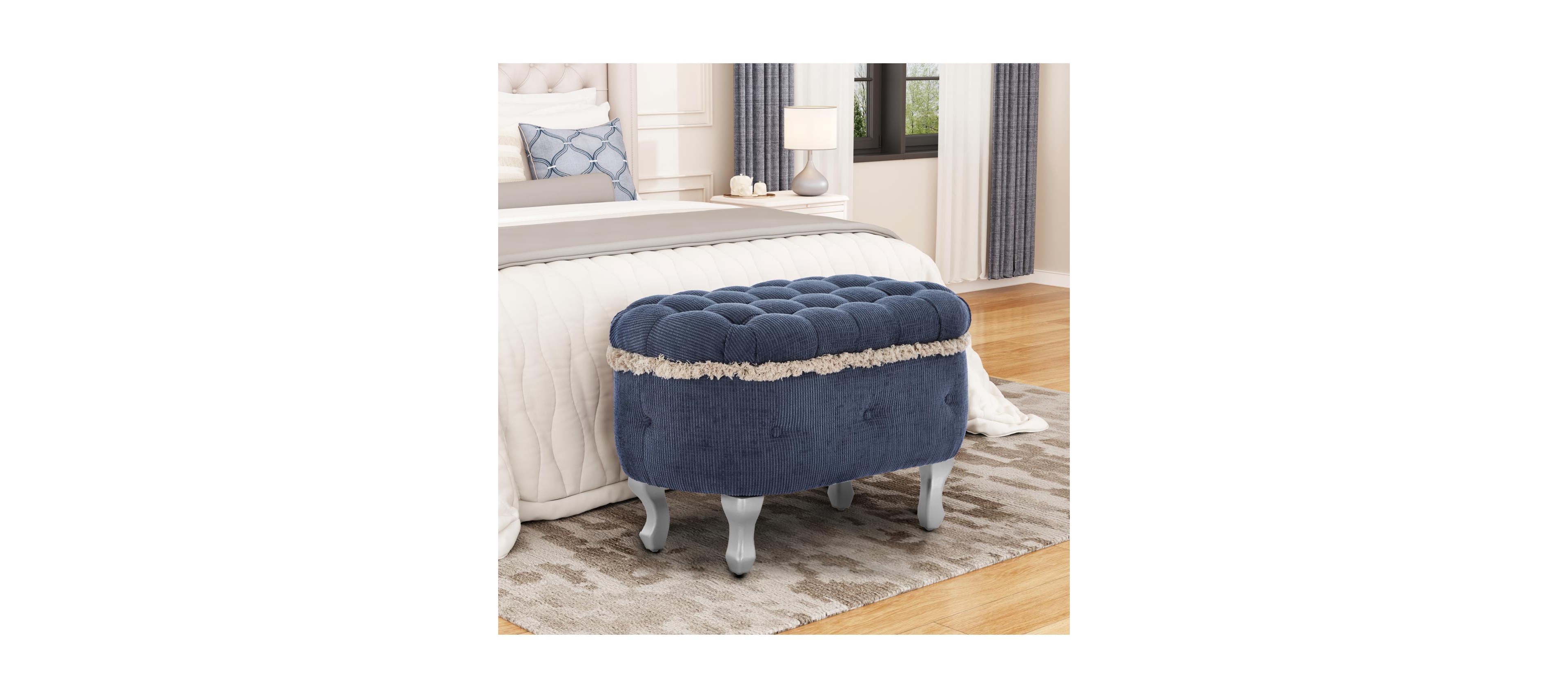 Streamdale Blue 29.5'' Storage Bench with Button-Tufted Fabric Upholstery and Fringe