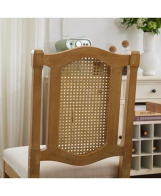Solid Wood Rattan Back Dining Chair - Natural Linen Cushion
