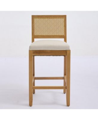 Streamdale Solid Wood Rattan-Inspired Bar Stool with Linen Cushion