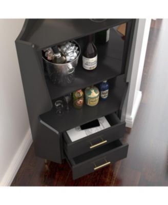 Streamdale Wooden Corner Bar Cabinet with Shelves and Drawers, Mirrored Back - BLACK