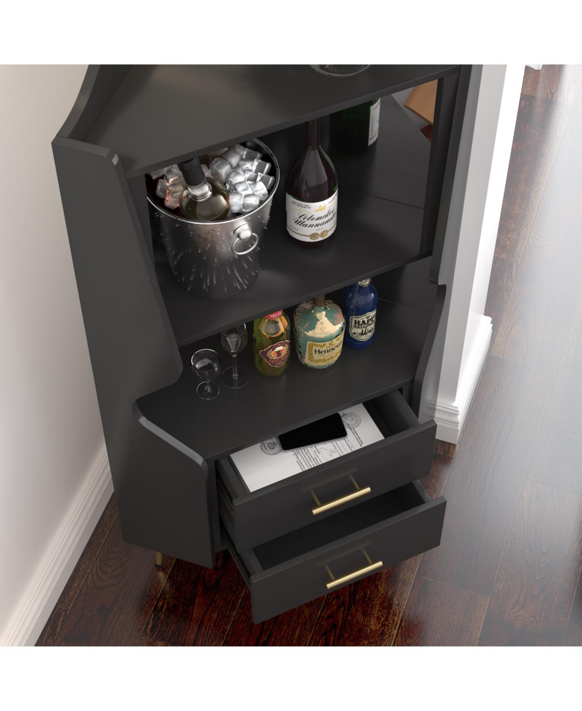 Streamdale Furniture Streamdale Wooden Corner Bar Cabinet with Shelves and Drawers, Mirrored Back - Black