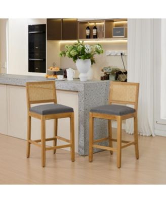 Solid Wood Rattan-Inspired Bar Stool with Linen Cushion