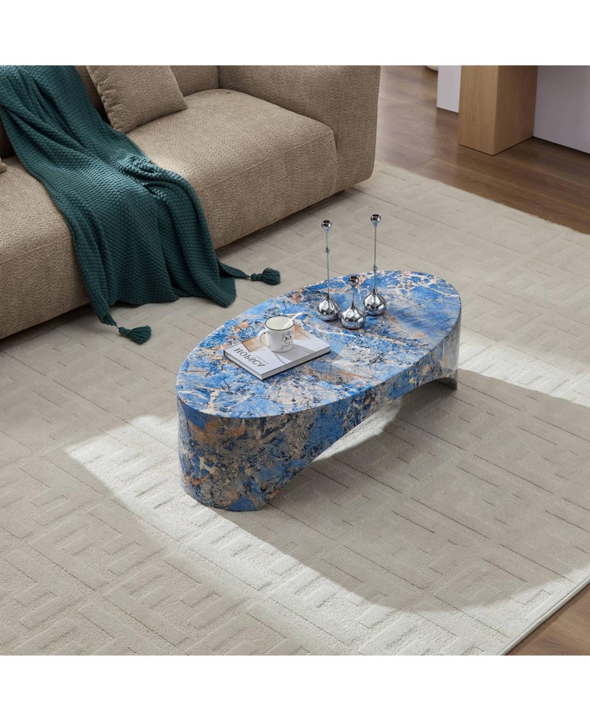 Streamdale Furniture Streamdale The oval natural marble coffee table side table in the living room, blue