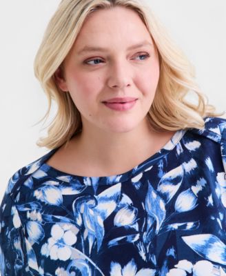 Plus Size Printed Cotton 3/4-Sleeve Top