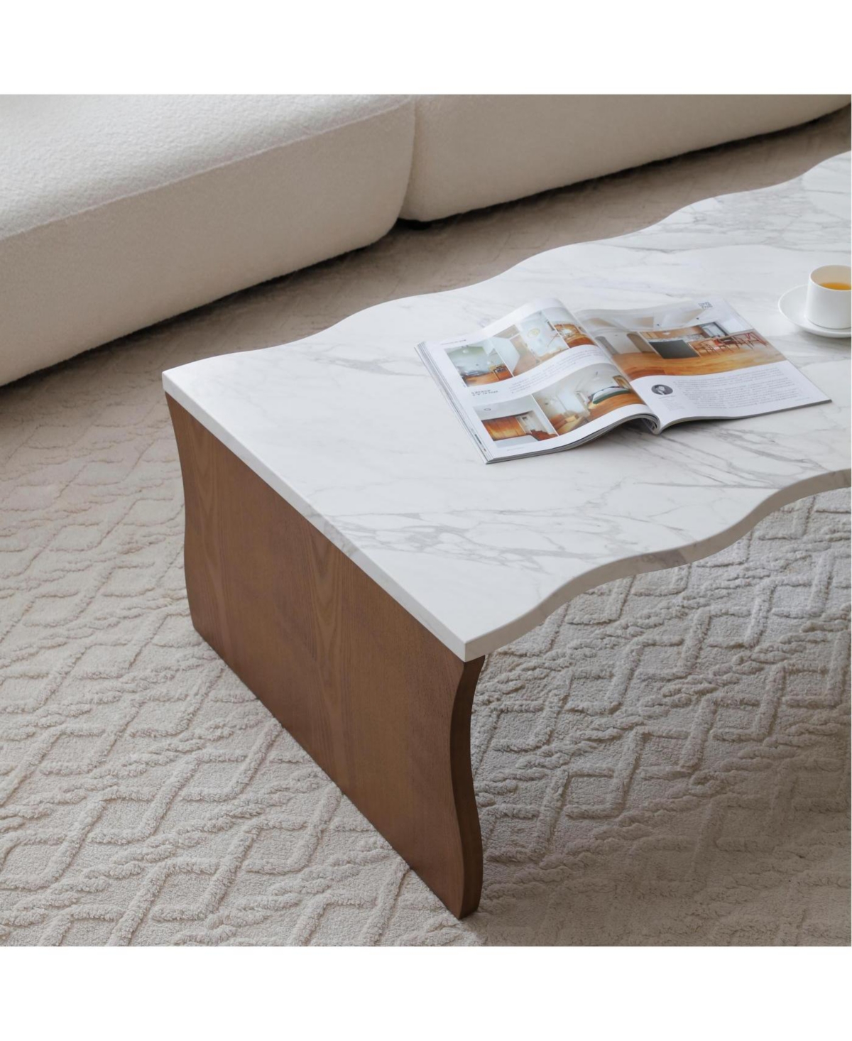 Streamdale Furniture Whisper of Waves Modern Coffee Table, White Faux Marble, Walnut Brown