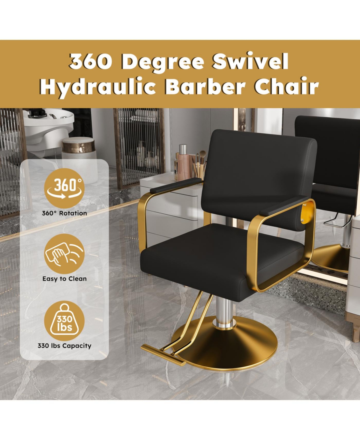 Streamdale Furniture Hydraulic Salon Chair - 360 Swivel Barber Stylist Chair (Black+Gold)