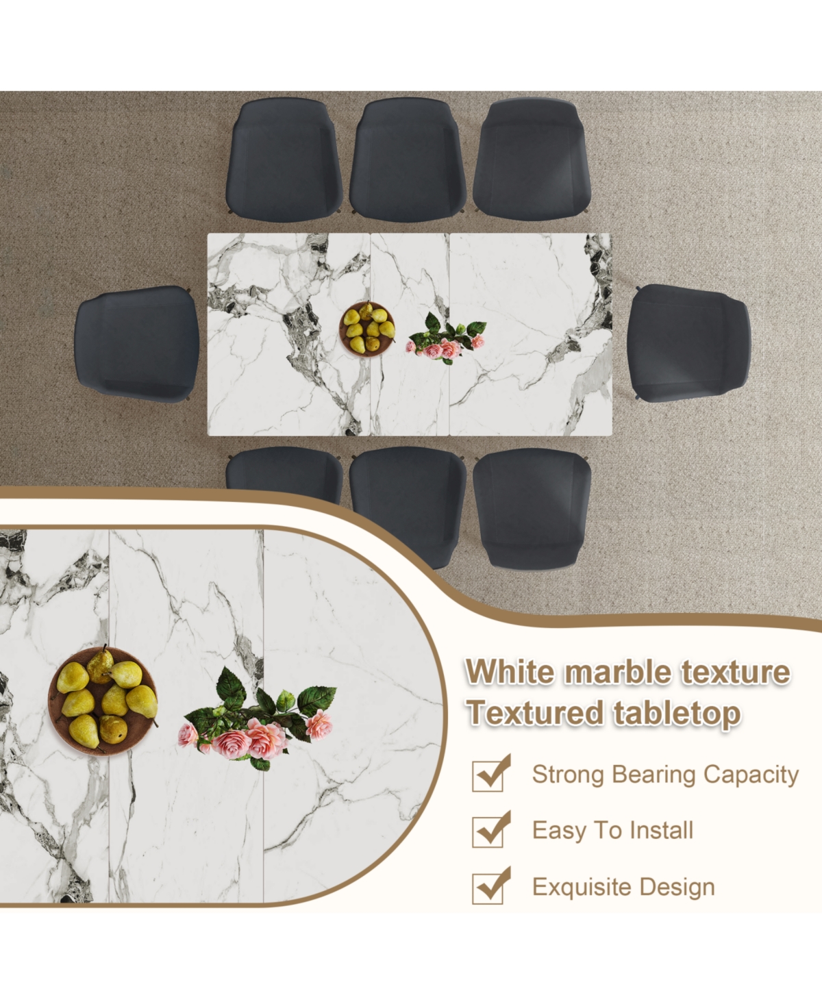 Streamdale 59" Modern Expandable Dining Table w/Retractable Leaf, Charred Stone & Gold Base