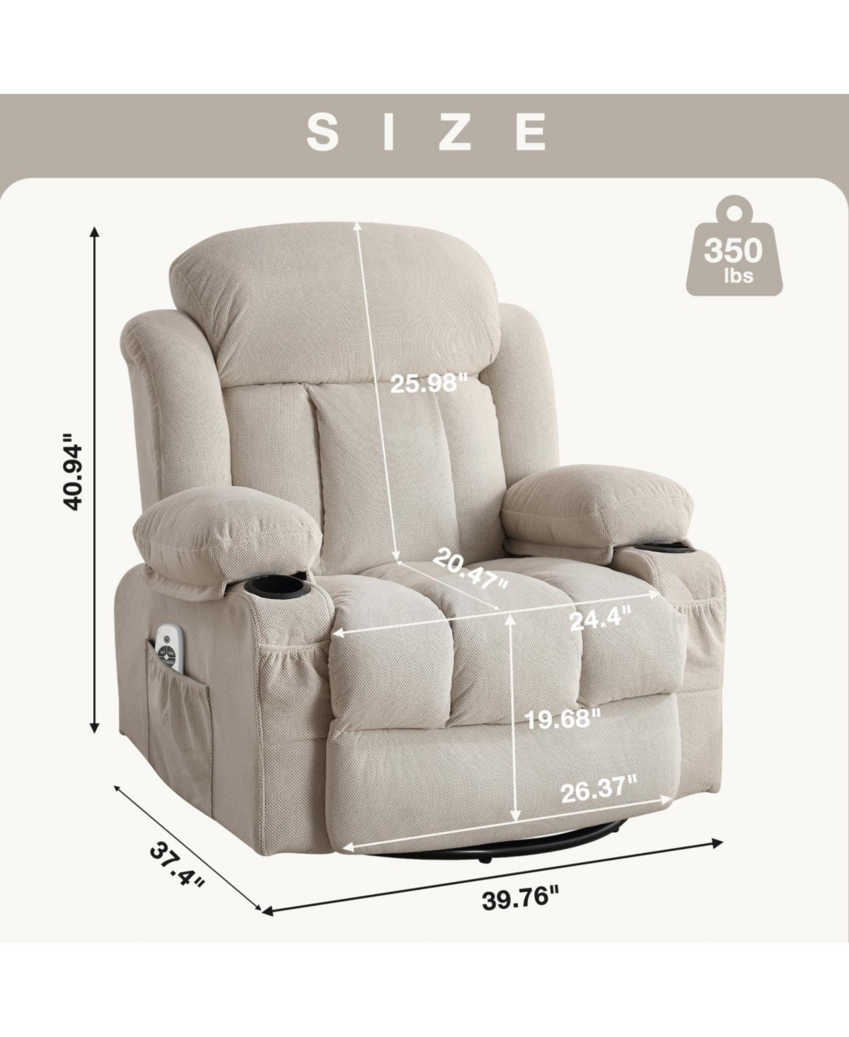 Streamdale Furniture Swinging recliner massage heated sofa with Usb and cup holders (Beige