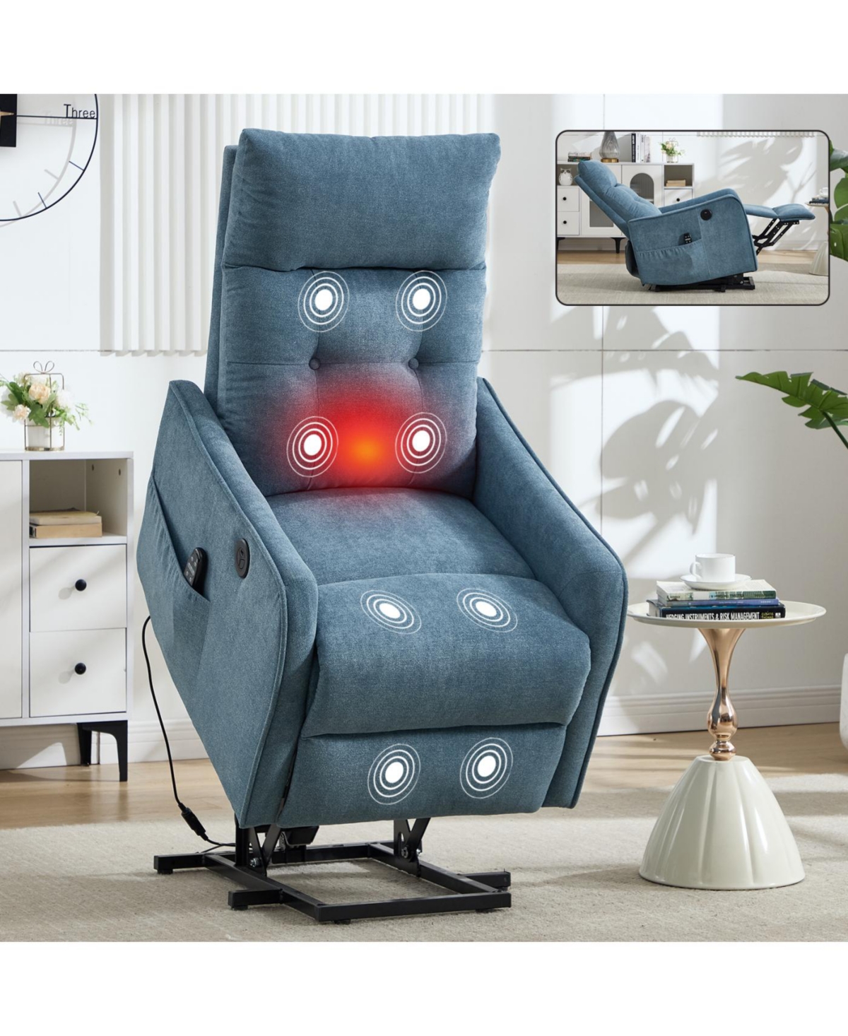 Streamdale Furniture Blue Chenille Power Lift Recliner Chair with Massage, Heat & Usb Charging