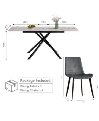 Modern Expandable Dining Table w/Retractable Leaf, Charred Stone & Black Base