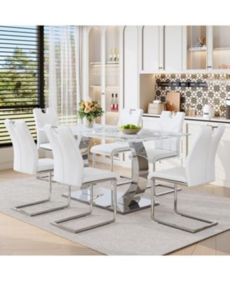 Streamdale Luxury Modern 63" Dining Table Set w/ 6 Chairs, White Glass Top & Steel Base